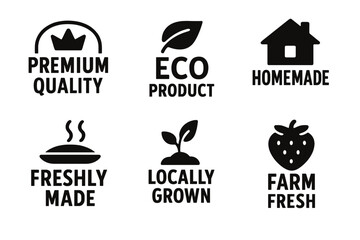 Organic food silhouette icon set. featuring premium quality, eco product, homemade, freshly made, locally grown, farm fresh