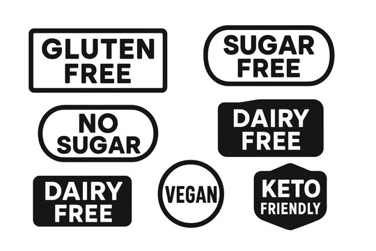 Food label silhouette icon set. featuring gluten free, sugar free, no sugar, dairy free, keto friendly, vegan icons