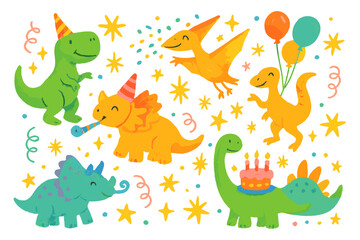 Obraz premium Dinosaur party silhouette icon set. featuring t-rex, triceratops, balloons, cake, confetti, and birthday hat icons