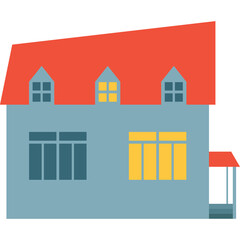 Light Blue Two Story House With Red Roof And Dormer Windows Two Yellow Lit Windows And White Porch With Blue Railings On Transparent Background