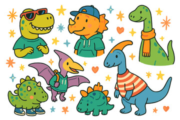 Fototapeta premium Dinosaurs flat icon set. featuring t-rex, triceratops, sauropod, pterodactyl, and stegosaurus