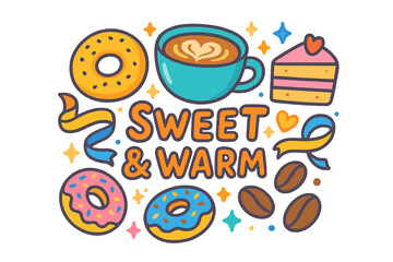 Bakery delights flat icon set. featuring coffee, donuts, cake, beans, ribbons, sweet and warm