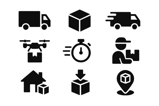 Delivery and logistics silhouette icon set. featuring truck, package, drone, stopwatch, courier, house, location.