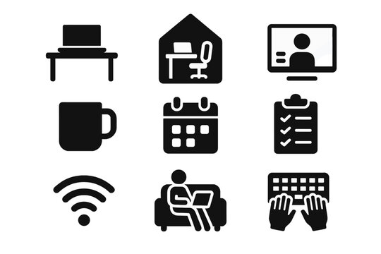 Home office work silhouette icon set. featuring desk, laptop, video call, coffee, calendar, checklist, wi-fi