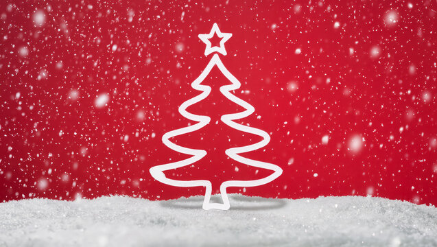 White minimalist Christmas tree with star on red background, falling snow. white snowdrift, festive winter holiday concept - Powered by Adobe