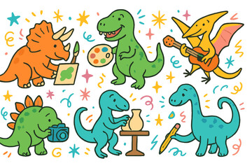 Fototapeta premium Dinosaurs activity flat icon set. featuring painting, music, pottery, photography, writing dinosaurs