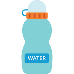 Light Blue Water Bottle with Orange Cap and White Lid Featuring a Blue Label with White Text Water on a Transparent Background