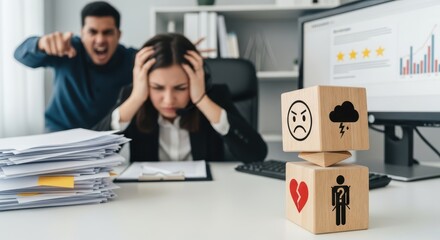 Troubled Businessman Battling Customer Dissatisfaction at Wooden Office Cube Striving for Better Days Ahead, Perfect for Corporate Websites and Presentations.