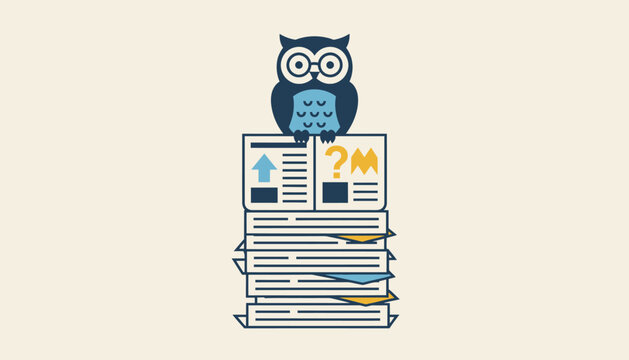 An owl wearing glasses symbolizing wisdom perched atop a stack of newspapers with one open showing a clear distinction between fact and fiction.