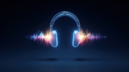 Abstract digital headphones with sound waves visualization on transparent background