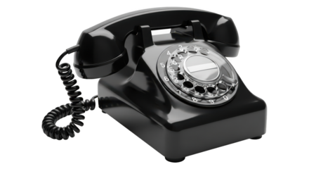 Vintage black rotary telephone isolated on transparent background in studio shot