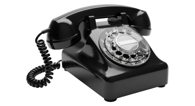 Vintage black rotary telephone isolated on transparent background in studio shot