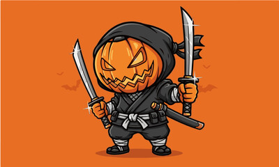 Shining Blade Chibi Pumpkin Ninja with Dual Swords on Orange Background