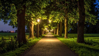 Illuminated Path Through Trees at Night - A Tranquil Walkway.