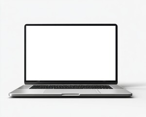Modern silver laptop on white desk with blank screen ideal for tech and business visuals