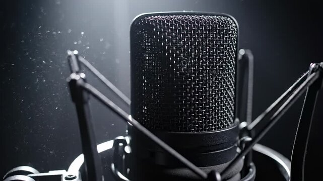 Close up view of a professional condenser microphone in a shock mount inside a recording studio, with dust particles floating in a dramatic beam of light against a dark background
