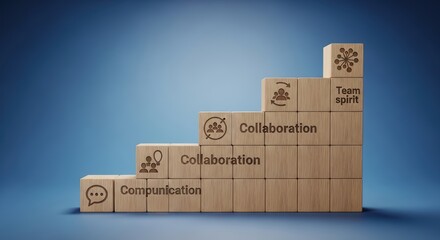 Diverse Team Gathering Around Empowering Collaboration Cubes Amidst Infinite Blue Staircases, Representing Cohesive Training & Successful Business Growth Perfect for Corporate Websites and.
