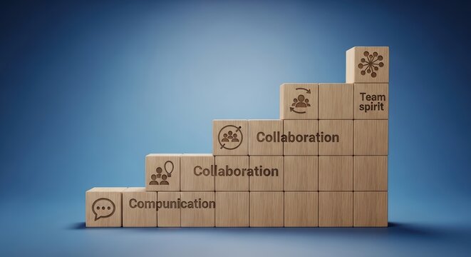 Diverse Team Gathering Around Empowering Collaboration Cubes Amidst Infinite Blue Staircases, Representing Cohesive Training & Successful Business Growth Perfect for Corporate Websites and.