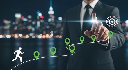 A conceptual image of strategic planning where a runner progresses along a glowing journey toward a final target