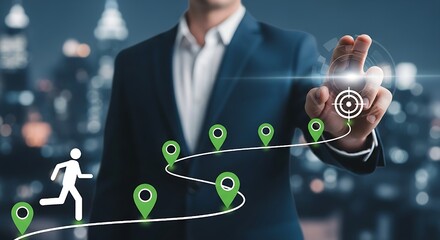 Goal setting visualization showing a personal or business path with a man interacting with digital milestones