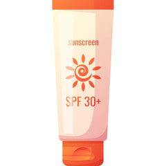 Orange and White Sunscreen Tube with Sun Logo and SPF 30 Text on White Background