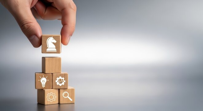 Confident Business Leader Strategizing for Successful Adaptation on Modern Chessboard Set Amidst Stacked Cubes, Perfect for Corporate Websites and Presentations.