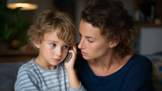 Boy sitting beside an injured parent while calling 911, emotion of courage and concern visible, symbolizing child heroism, emergency preparedness, and the importance of teaching kids how to react