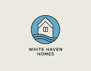 A simple yet elegant logo featuring a house surrounded by waves, symbolizing comfort and stability, perfect for a real estate company aiming to attract families and clients.