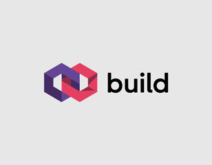A contemporary logo featuring interlocking colorful shapes designed for the construction or tech industry, symbolizing building, innovation, and creativity in design.