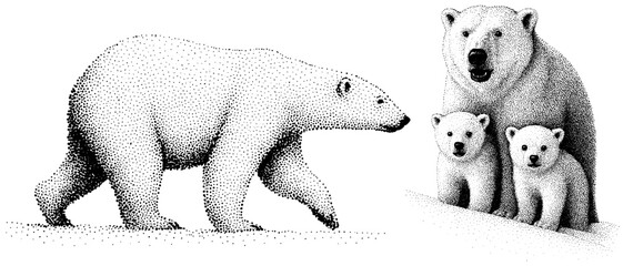 Black and white engraving of polar bear family with cubs, vintage stipple etching isolated on transparent background.