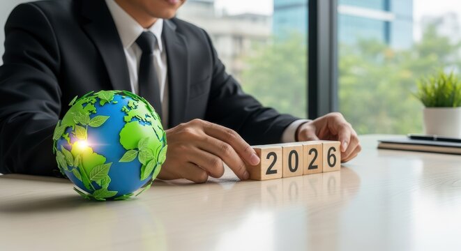 Businessman Stands by 2020 Globe, Showcasing Global Sustainability Vision at Seashore Perfect for Corporate Websites and Presentations.