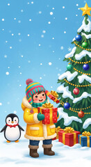 Cartoon of child holding present next to Christmas tree and penguin. Festive scene represents the Christmas holiday, generosity, and gift-giving