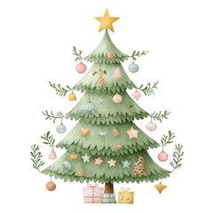 Fototapeta premium Festively decorated Christmas tree with ornaments, star topper, and presents underneath, set against a black background