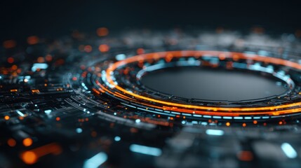 Abstract digital interface with glowing rings and neon elements