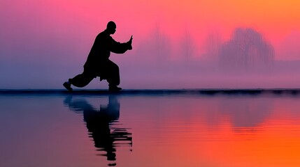 Serene Martial Artist Practicing Meditation at Sunset by Water