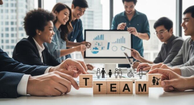 Diverse Team Building Successful Business Concept in Collaborative Wooden Workspace Empowering Corporate Branding and Presentations.