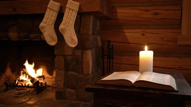Stockings by the fireplace with candle and open book - warm holiday hygge scene for winter stories and hospitality headers
