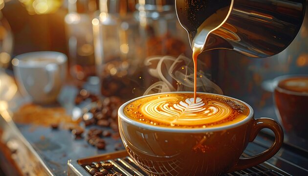 Close-up of coffee being poured into a cup, creating latte art. Other cups and coffee beans are in the background