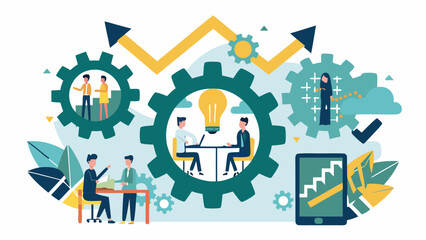 Fototapeta premium Business team collaborating and brainstorming ideas within interconnected gears symbolizing progress and innovation