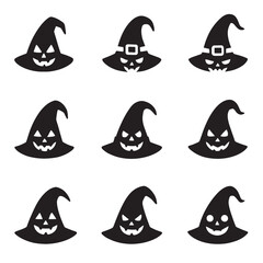 Simple Silhouette Variation Halloween Witch Hat with Jack o Lantern Face