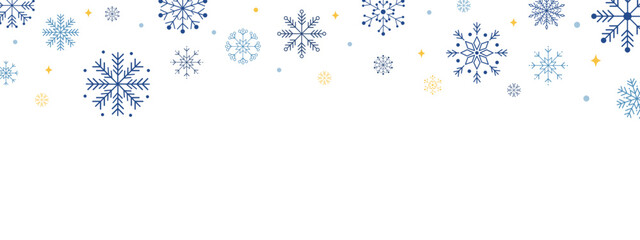 Elegant blue and gold snowflakes border on white background. Festive winter banner for Christmas and New Year greeting cards, invitations, social media headers, websites, and seasonal decoration.