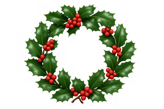 Holly wreath adorning with red berries, a festive christmas and holiday decoration on transparent background