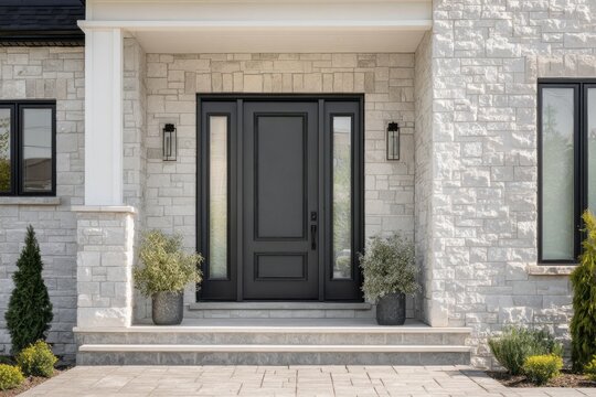 Modern house entrance with gray stone facade and black double doors.