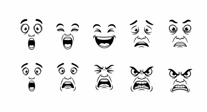 A set of various cartoon faces with different emotions on a white background