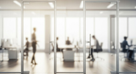 Modern office interior design with glass doors and blurred office workers view
