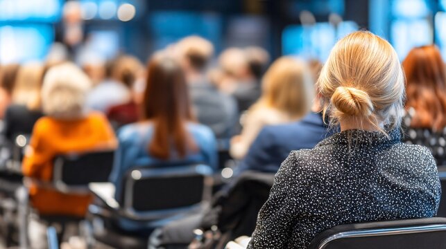 Female Attendee Observing Conference Presentation in Modern Venue