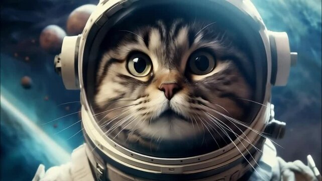 Cat Astronaut in Space. A digitally rendered image of a tabby cat wearing a white astronaut helmet and suit. The cat’s face is visible through the helmet’s visor, with large, expressive eyes. 