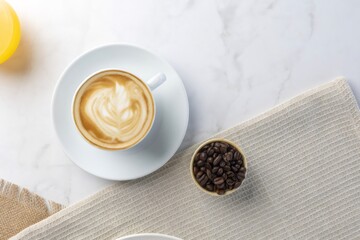 Coffee latte art cup with roasted beans on marble