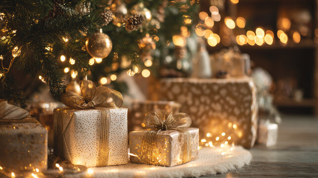 gift boxes under Christmas tree with golden fairy lights and blurred festive background