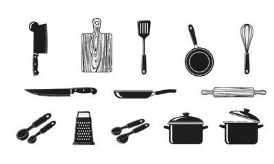 Monochrome Kitchen Utensils and Cookware Icon Set